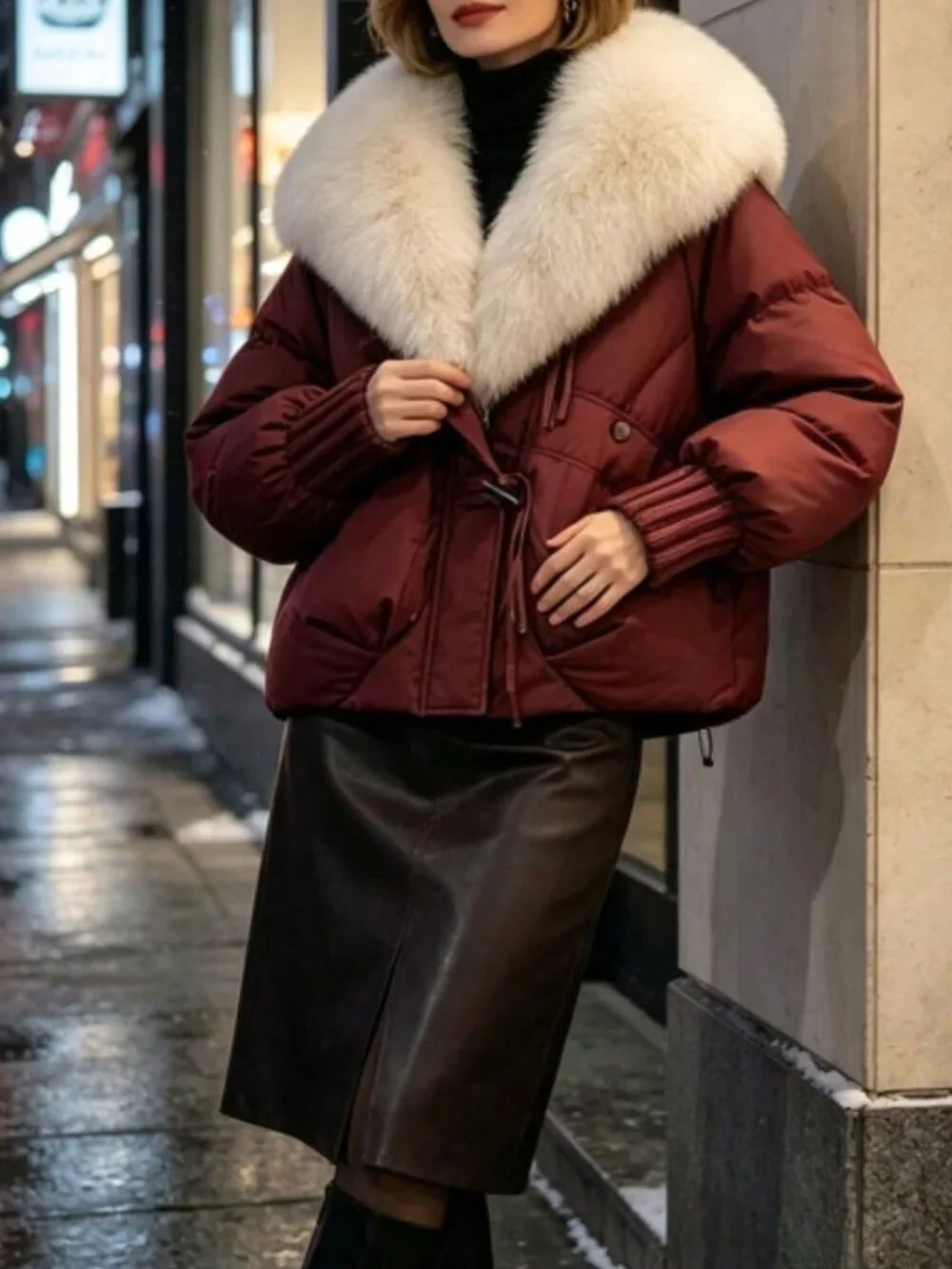 Burgundy Casual Women's Short Loose Thick Cotton-Padded Jacket